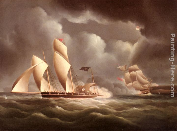 James E. Buttersworth A British Frigate Attacking A Pirate Lugger At Night